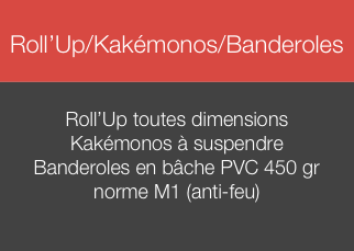 
Roll’Up/Kakémonos/Banderoles


Roll’Up toutes dimensions
Kakémonos à suspendre
Banderoles en bâche PVC 450 gr
norme M1 (anti-feu)

