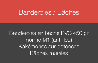 
Banderoles / Bâches


Banderoles en bâche PVC 450 gr
norme M1 (anti-feu)
Kakémonos sur potences 
Bâches murales
